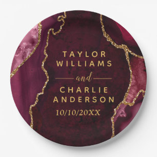 Red and Gold Agate Marble Wedding Paper Plates