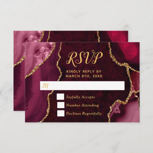 Red and Gold Agate Marble Wedding RSVP Card