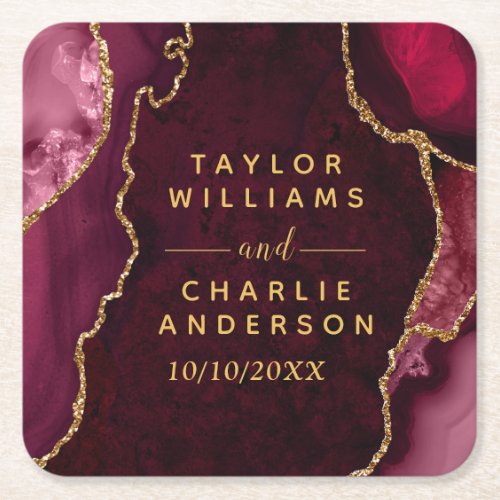 Red and Gold Agate Marble Wedding Square Paper Coaster