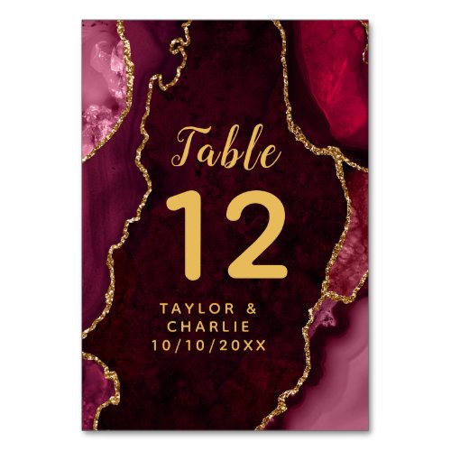 Red and Gold Agate Marble Wedding Table Number
