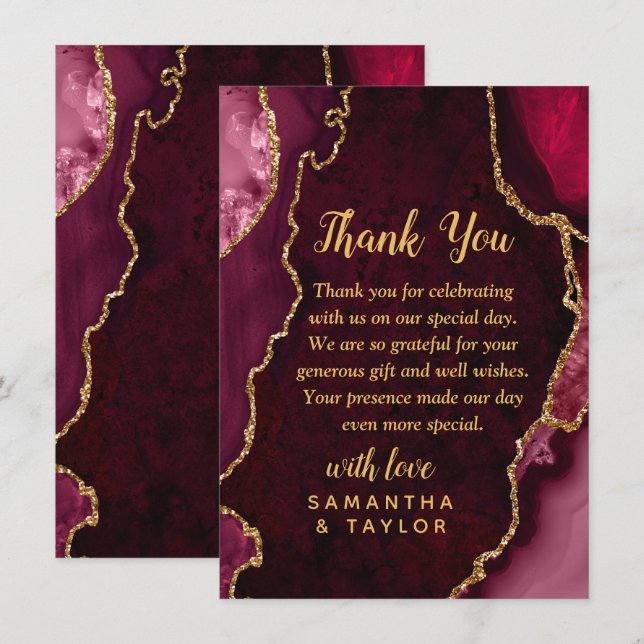 Red and Gold Agate Marble Wedding Thank You Card (Front/Back)