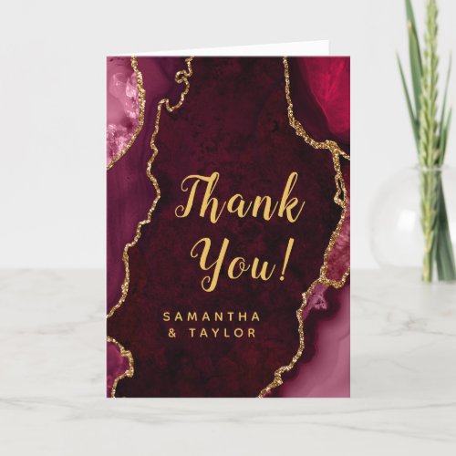 Red and Gold Agate Marble Wedding Thank You Card