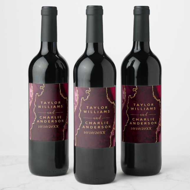 Red and Gold Agate Marble Wedding Wine Label (Bottles)