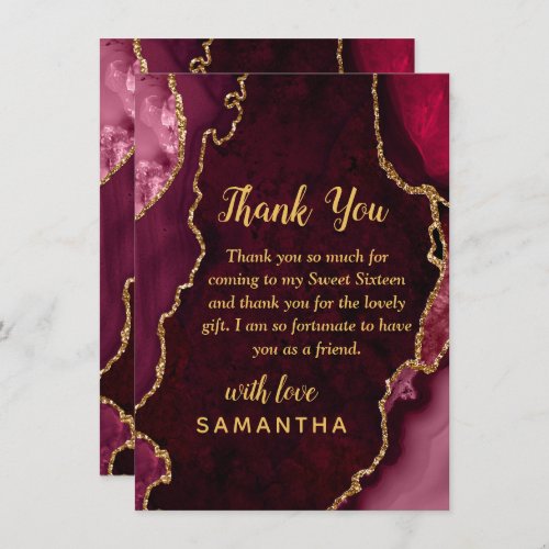 Red and Gold Agate Sweet Sixteen Thank You Card