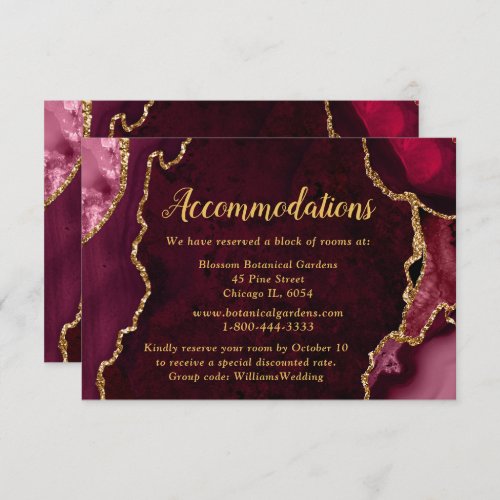 Red and Gold Agate Wedding Accommodations Enclosure Card