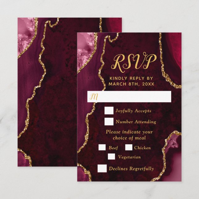 Red and Gold Agate Wedding Meal Choice RSVP Card (Front/Back)