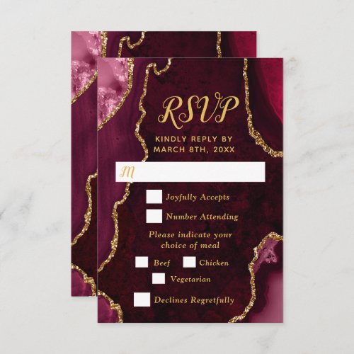 Red and Gold Agate Wedding Meal Choice RSVP Card