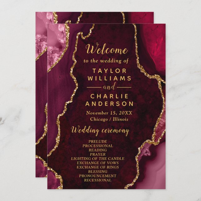 Red and Gold Agate Wedding Program (Front/Back)