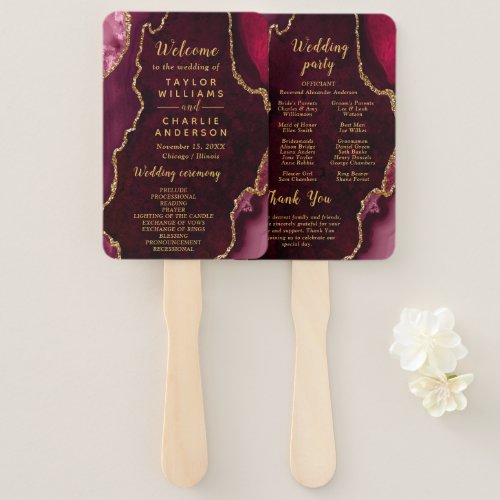 Red and Gold Agate Wedding Program Hand Fan