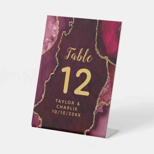 Red and Gold Agate Wedding Table Number Pedestal Sign