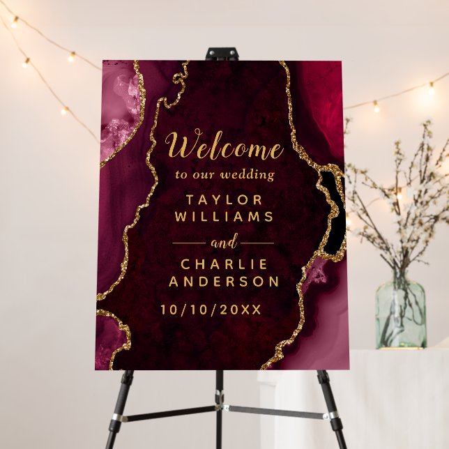 Red and Gold Agate Wedding Welcome Foam Board (In Situ (Stand))