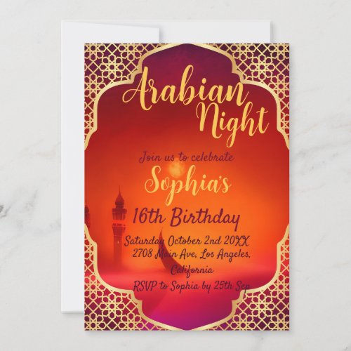 Red and Gold Arabian Nights Birthday  Invitation