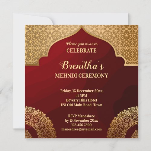 Red and gold Arabian pattern mandala Indian mehndi Invitation