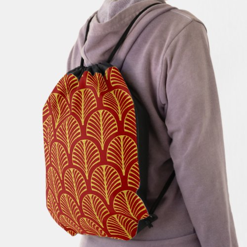 Red and gold Art Deco pattern Drawstring Bag
