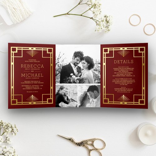 Red and Gold Art Deco Photo Collage Wedding Tri_Fold Invitation