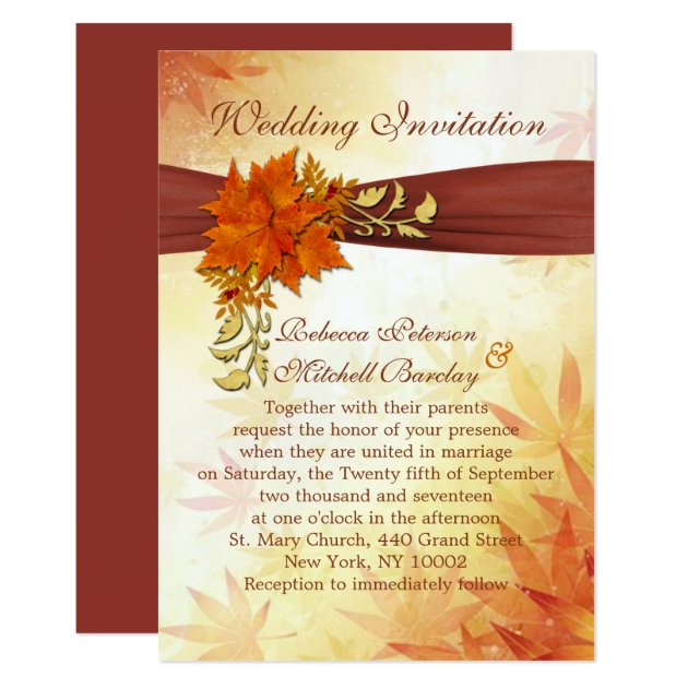 Red And Gold Autumnal Leaves Wedding Invitation