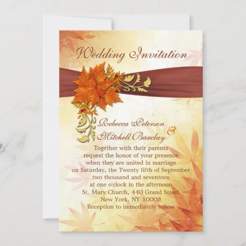Red and gold autumnal leaves Wedding Card