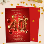 Red and Gold Balloons 40th Birthday Celebration Invitation<br><div class="desc">Step into a world of elegance and celebration with our stunning 40th Birthday Celebration invitation that radiates joy and sophistication. The rich red background, adorned with festive gold and red balloons, sets a luxurious tone, evoking the excitement of this milestone event. At the heart of the design, the bold, glittering...</div>