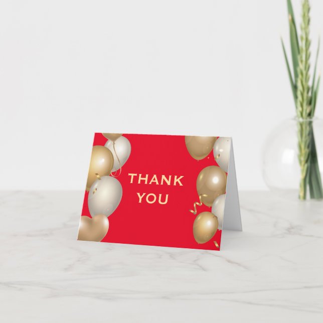 Red and Gold Balloons Confetti Thank You Card (Front)