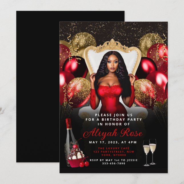 Red and Gold Balloons Royal Birthday Invitation (Front/Back)