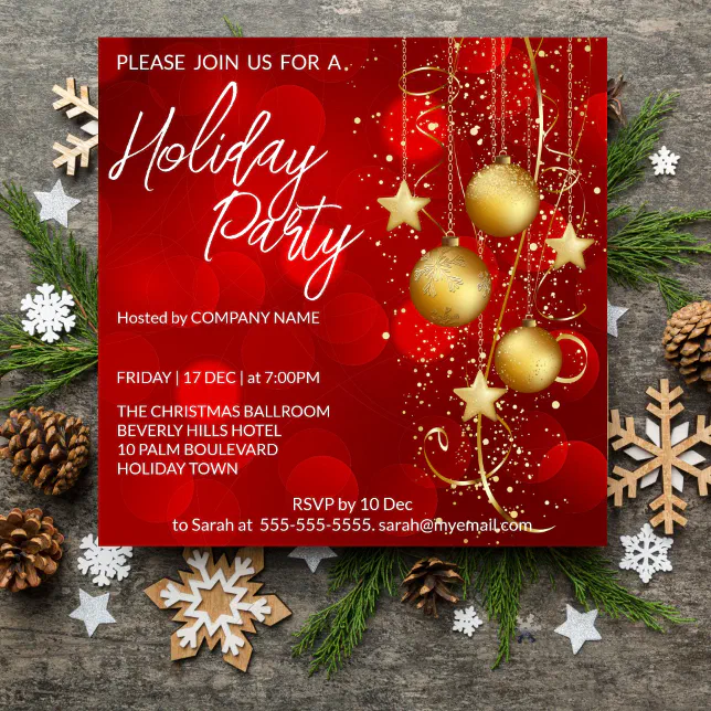 Red and gold baubles background Holiday Invitatio Invitation | Zazzle