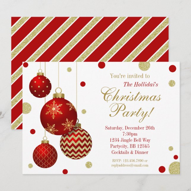 Red and Gold Baubles Christmas Party Invitation (Front/Back)