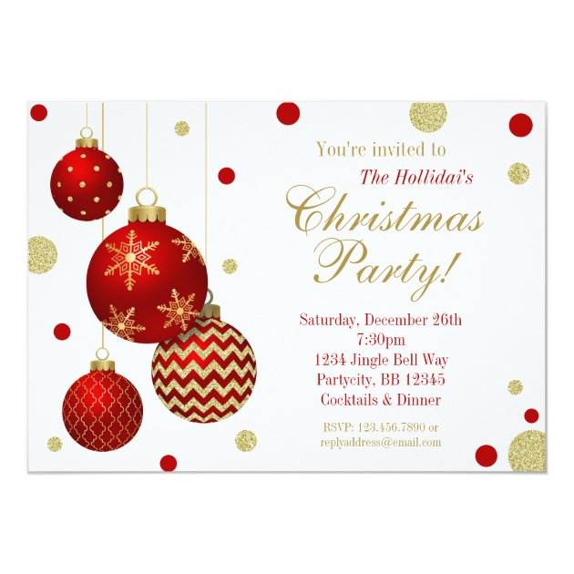 Red And Gold Baubles Christmas Party Invitation