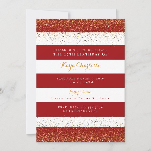 Red and Gold Birthday Invitation for Adult (Front)