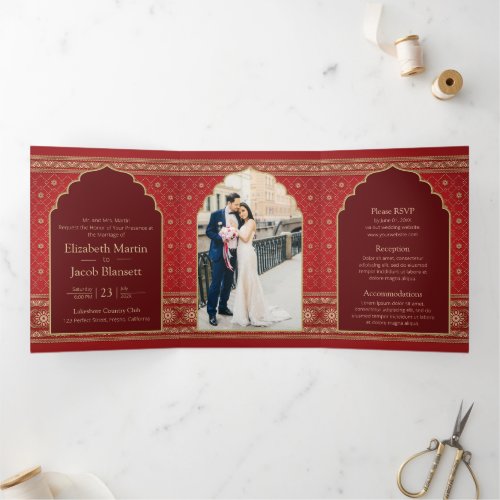Red and Gold Bollywood Style Indian Wedding  Tri_Fold Invitation