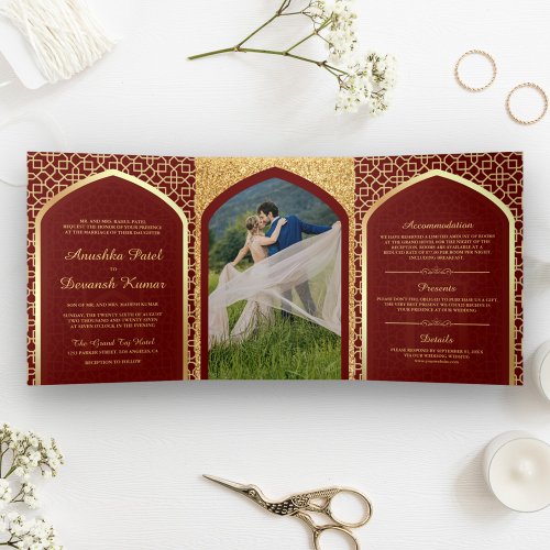 Red and Gold Bollywood Style Indian Wedding Tri_Fold Invitation