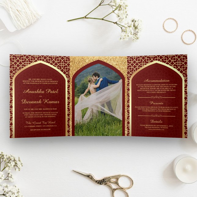 Red and Gold Bollywood Style Indian Wedding Tri-Fold Invitation (Creator Uploaded)