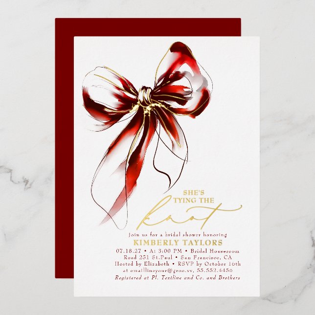 Red and Gold Bow Elegant Whimsical Bridal Shower Foil Invitation (Front/Back)