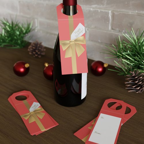 Red and Gold Bow Happy Holiday Bottle Hanger Tag