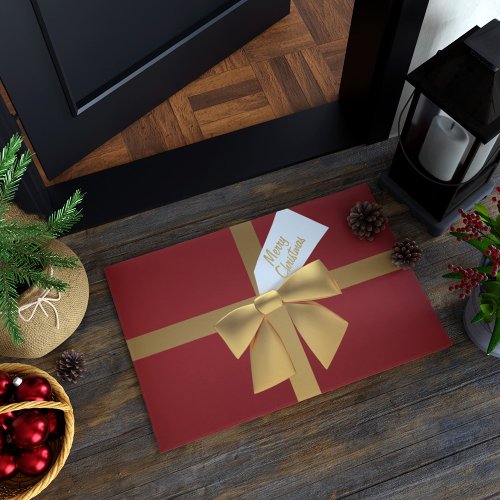 Red and Gold Bow Merry Christmas Doormat