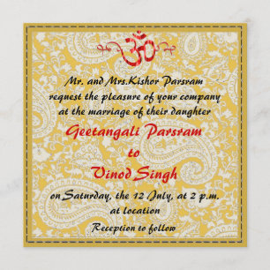 Red and gold brocade HIndu wedding Invitation