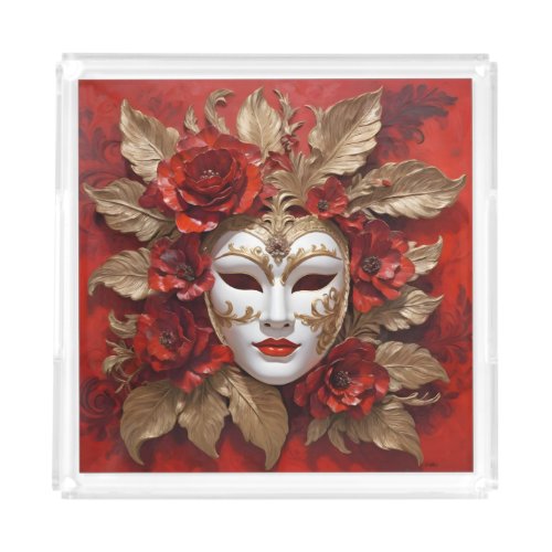 Red and gold carnival mask acrylic tray