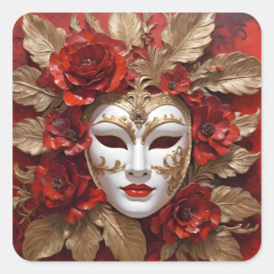 Red and gold carnival mask square sticker