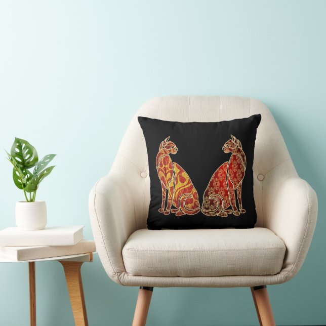 Red and Gold Cat Couple Throw Pillow (Chair)