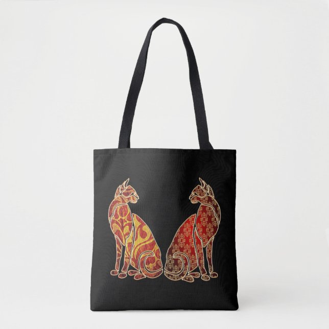 Red and Gold Cat Couple Tote Bag (Front)