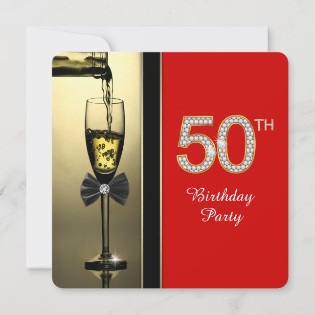 Red and Gold Champagne Red 50th Birthday Party Invitation (Front)