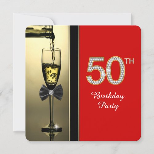 Red and Gold Champagne Red 50th Birthday Party Invitation