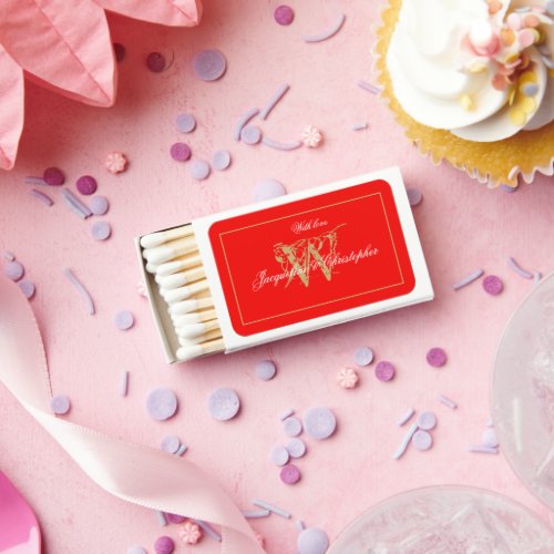 Red And Gold Chic Script Monogram Wedding Favor  Matchboxes