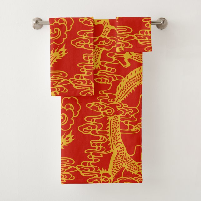 Red And Gold Chinese Dragon Pattern Bath Towel Set (Insitu)