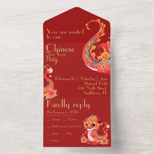 Red and gold Chinese new year year of the dragon All In One Invitation