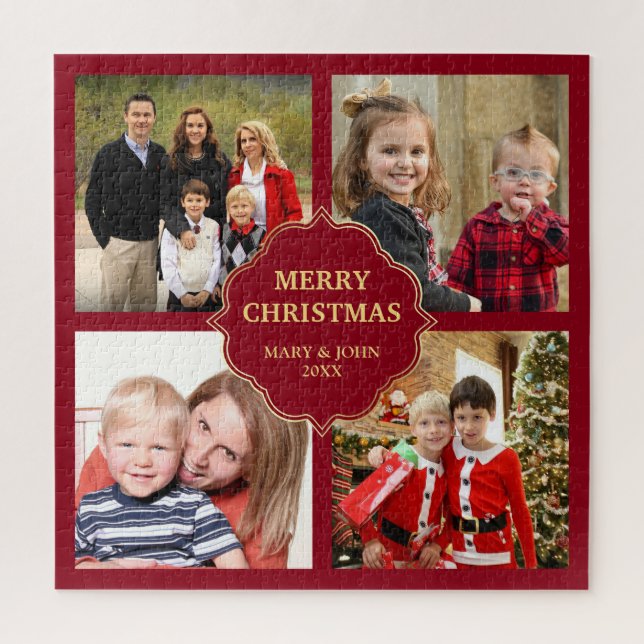 Red and Gold Christmas 4 Square Photos Collage Jigsaw Puzzle (Vertical)