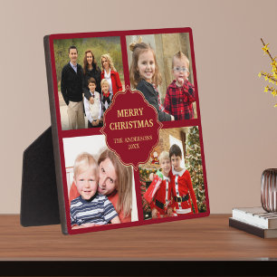 Red and Gold Christmas 4 Square Photos Collage Plaque
