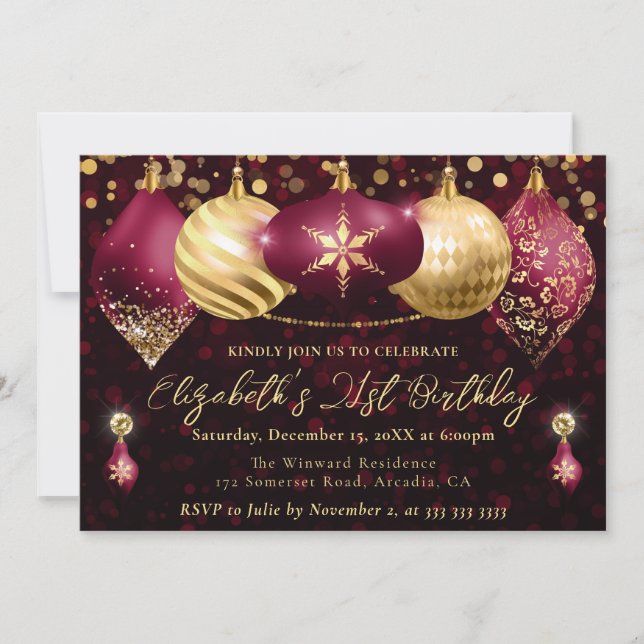 Red and Gold Christmas Baubles Birthday Party Invitation (Front)