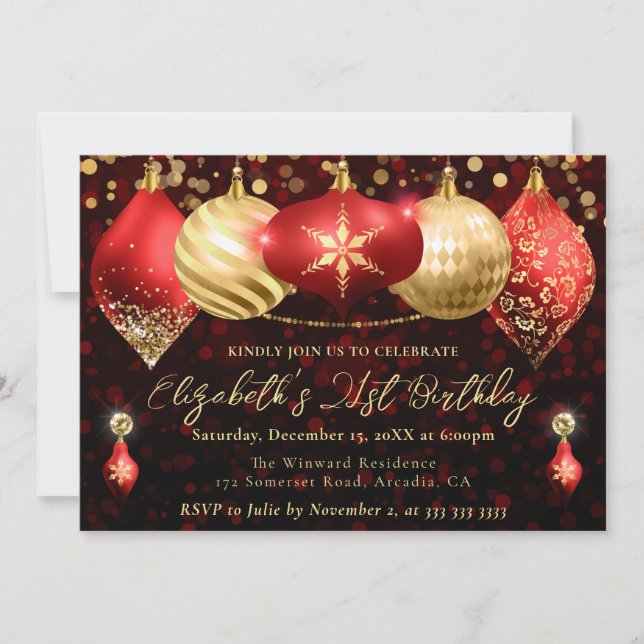 Red and Gold Christmas Baubles Birthday Party Invitation (Front)