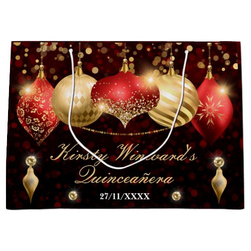 Red and Gold Christmas Baubles Quinceaera Large Gift Bag