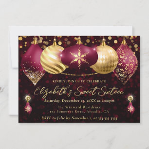 Red and Gold Christmas Baubles Sweet 16 Invitation